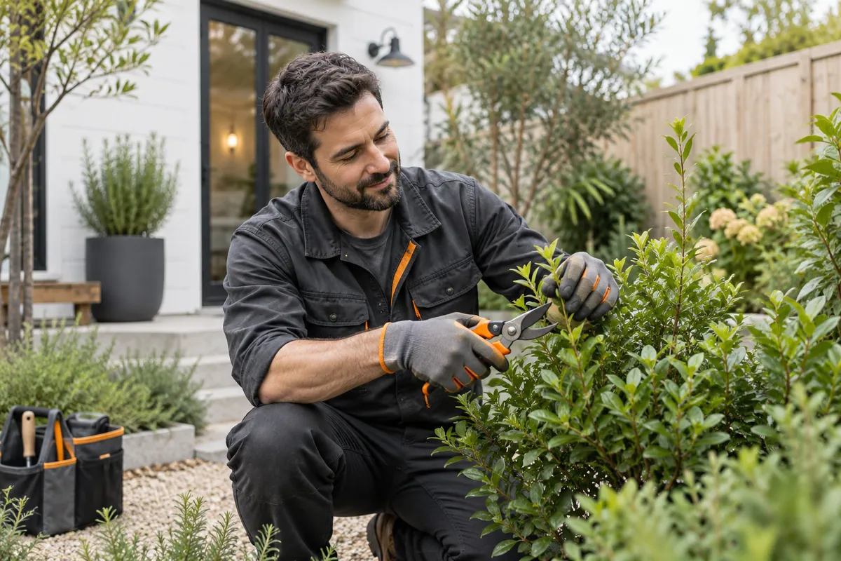 Illustration of a gardener pruning a courtyard shrub