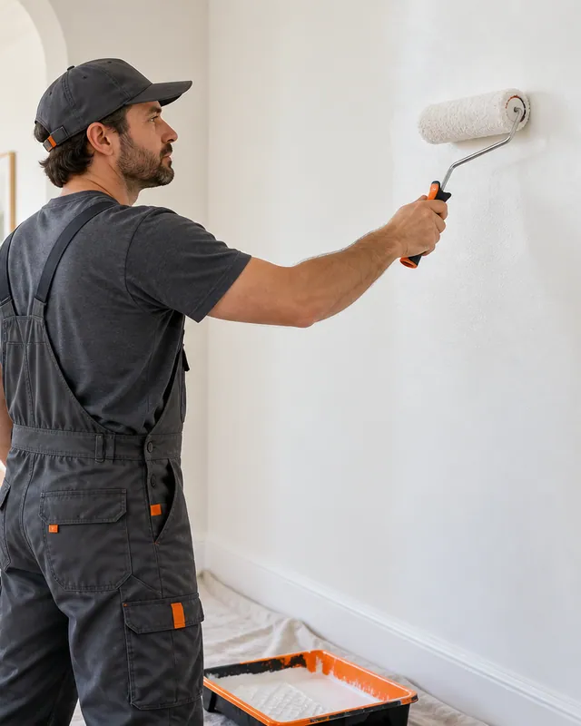 Illustration of a painter applying a smooth interior wall finish