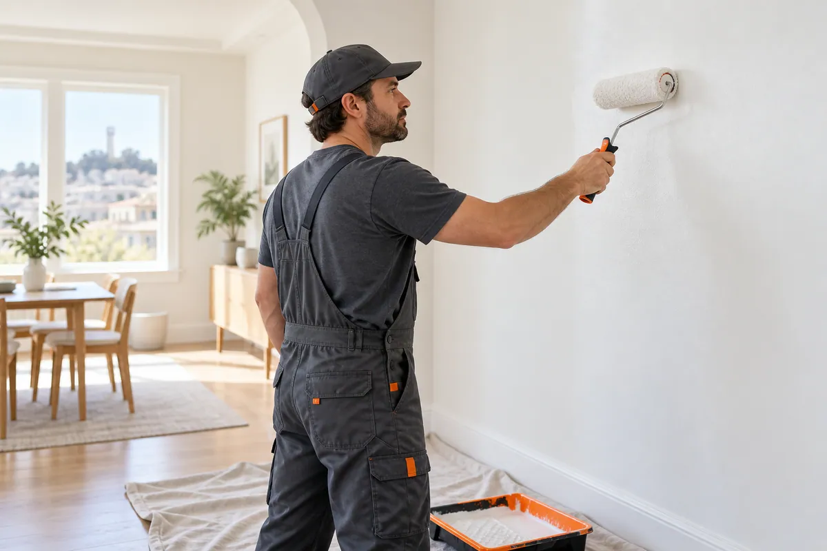 Illustration of a painter applying a smooth interior wall finish