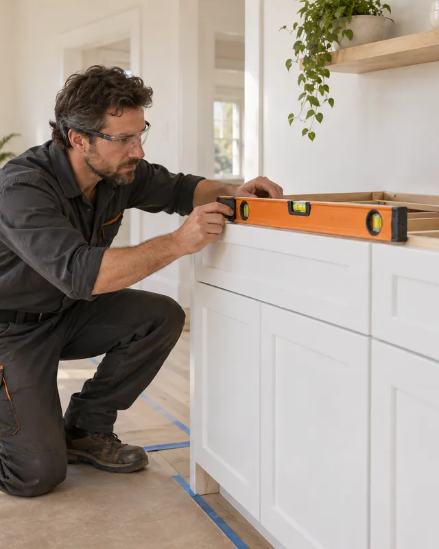 Illustration of a renovation professional aligning kitchen cabinets